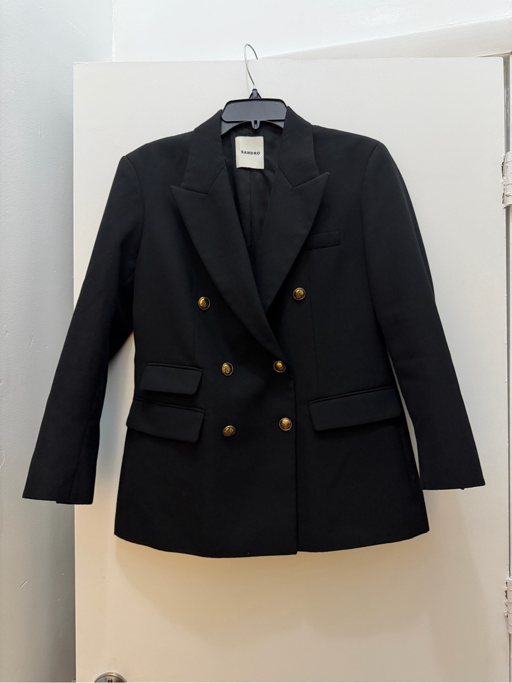 Sandro Black Double-Breasted Blazer with Gold Buttons size 40